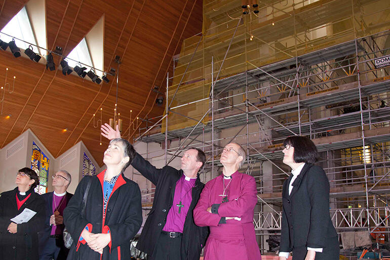 Auckland's Bishop, Ross Bay, points out a feature of the Holy Trinity nave to Archbishop Welby. Auckland's Bishop, Ross Bay, points out a feature of the Holy Trinity nave to Archbishop Welby.