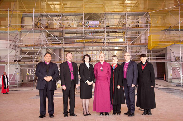 From left: Bishops Kito Pikaahu and Ross Bay; Dean Jo; Archbishop Justin and Mrs Caroline Welby; Bishop Jim White and Archdeacon Carole Hughes.