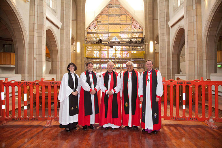 From left: Dean Jo Kelly-Moore; Archbishops Philip Richardson, Justin Welby and Brown Turei - and Bishop Ross Bay.