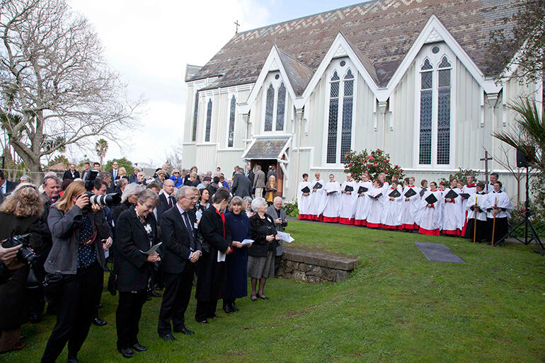 The site where The Bishop Selwyn Chapel will be built. Bare oaks at left - Auckland Mayor Len Brown in the centre.