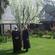 Sr Sandra and Bishop Victoria in the enclosed convent garden. The nuns have moved into modern retreat buildings at right.