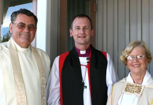 The Rev Duncan McDonald, CEO of The Selwyn Foundation; Bishop Ross Bay, and the Rev Marianne Hornburg, the Selwyn Chaplain.