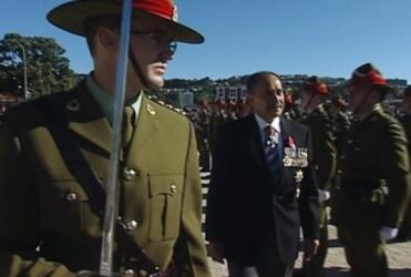 The Governor-General, Sir Jerry Mateparae, inspects the guard at the Wellington War Memorial. Photo: TV One