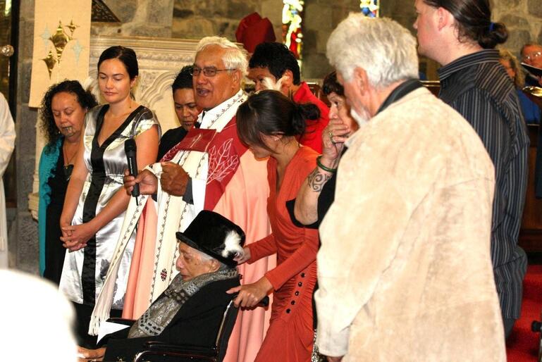Archdeacon Tiki Raumati leads the mihimihi. The lady in the chair is Aunty Marg Rau-Kupu, Tiki's 97-year-old sister.