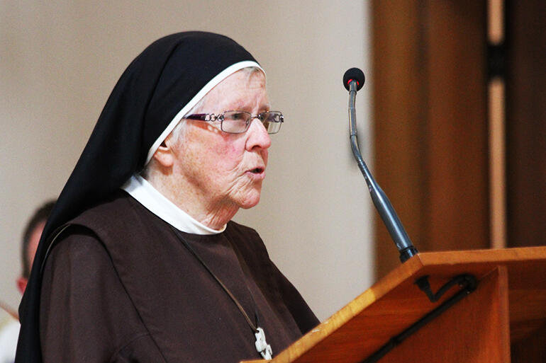 Sr Anne, SLG, reading 2 Timothy 4:1-9. Sr Anne lives at St Isaac's Opononi, where Br Brian was for four years.