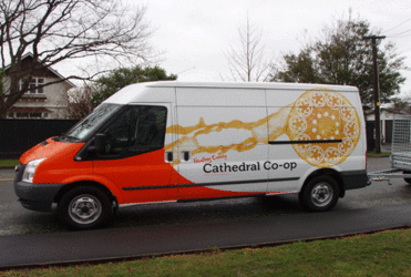 The Cathedral Co-op's new van, dressed up for delivery around Christchurch.