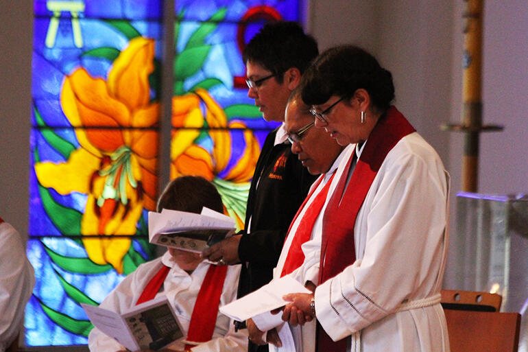 Brigitte Te Awe Awe-Bevan (black suit) Rev Dr Eseta Mateiviti Tulavu and the Ven Carole Hughes leading the intercessions.
