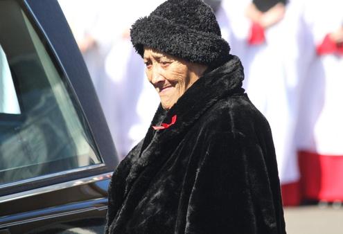 Aunty Wai Mason lingers by the hearse bearing Sir Paul. As Chancellor of AUT, he had been her last employer.
