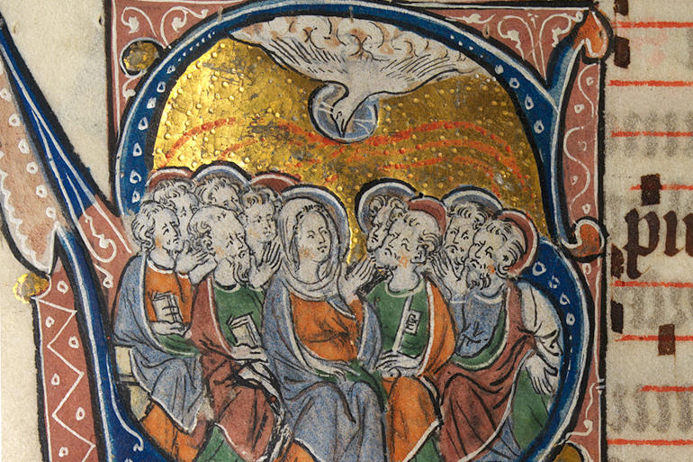Pentecost appears in a mediaeval book of hours from the National Library of Wales. Wikipedia Commons image 44768060. Pentecost appears in a mediaeval book of hours from the National Library of Wales. Wikipedia Commons image 44768060.