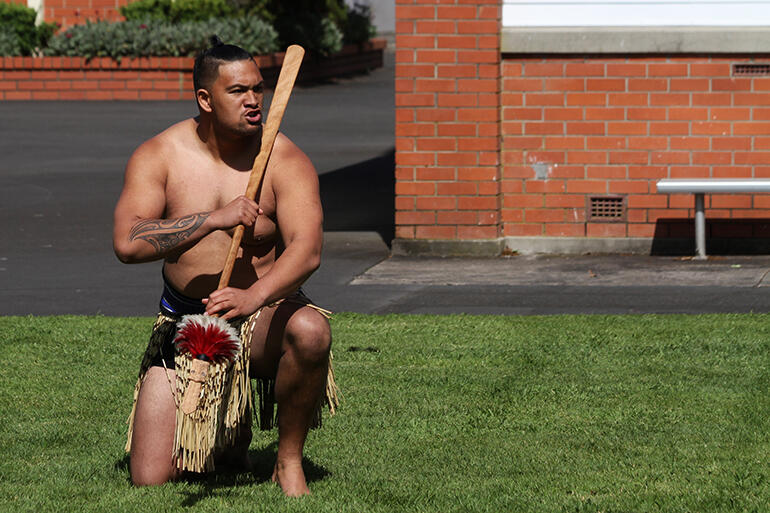 Rakiti Clark performs his wero to the visitors. Rakiti Clark performs his wero to the visitors.