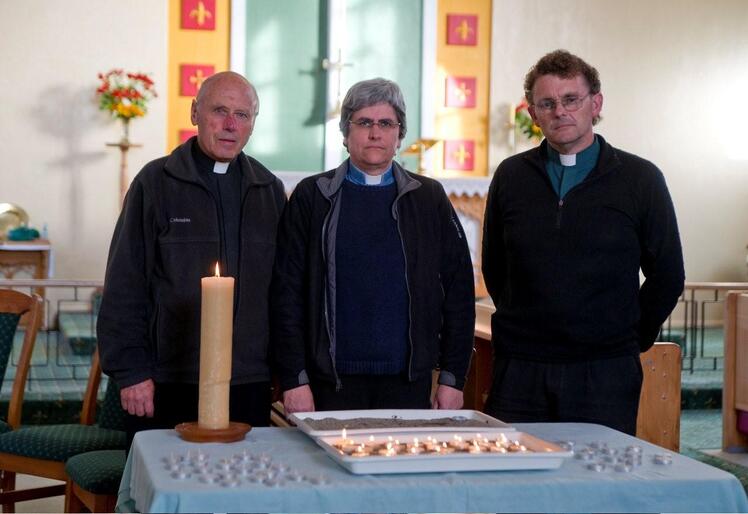 At grief's sharp edge: Archdeacon Robin Kingston (left) and the Revs Marge Tefft and Tim Mora at Holy Trinity, Greymouth. Stewart Nimmo Photography