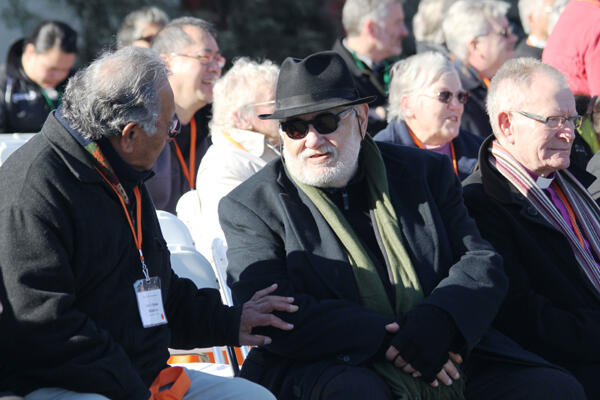 Sonny Melbourne (left) and Dr John Tamahori chat during the break between the two powhiri at the Common Life Mission Conference.