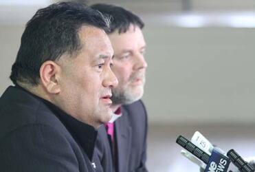 Bishop Kito Pikaahu and Bishop Philip Richardson face the media to talk about Sir Paul's funeral arrangements.