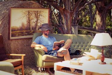 Christchurch's Social Justice Enabler Jolyon White checks out the bucolic festival library.