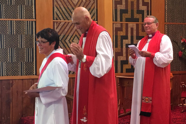 Newly deaconed Brigitte Te Awe Awe Bevan lines up with Bishop Muru Walters and Archbishop Emeritus John Paterson.
