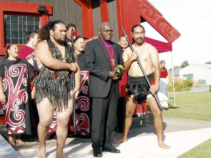 Archbishop John Sentamu with his "bodyguard" during the welcome to Te Wai Pounamu on Sunday.