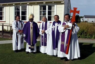 The Archbishop of York is flanked by bishops at the start of the welcome to Te Wai Pounamu on Sunday.