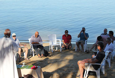 Archbishop Winston prepares to celebrate on the beach at Pangaimotu.
