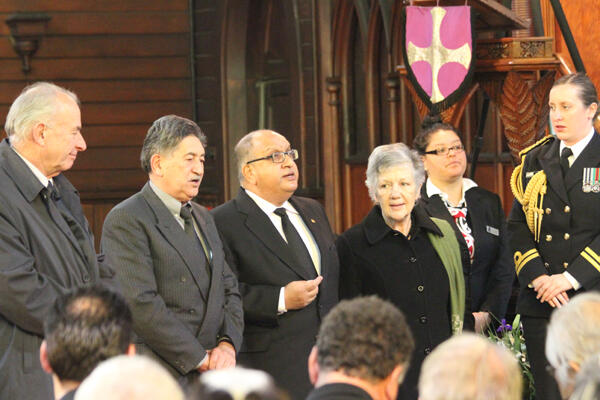 The vice-regal party sing their waiata. From left, Sir Don McKinnon, Lewis Moeau, and Sir Anand and Lady Susan Satyanand.