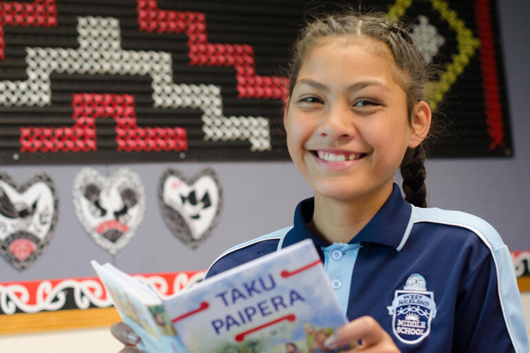 Faye Perri-Anderson reads Tāku Paipera. Photo: Bible Society NZ.