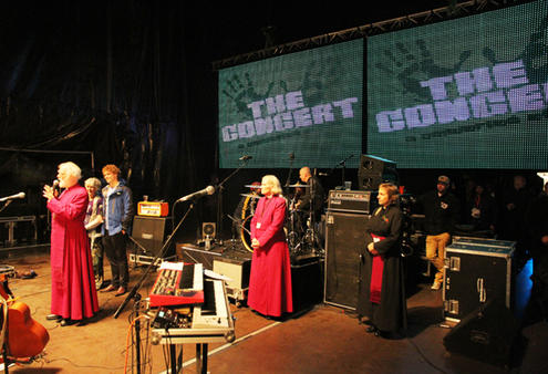 Archbishop Rowan addresses the crowd at last night's rock concert at AMI Stadium.