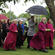 The Archbishop and his team advance towards the paepae. Bishop Kito Pikaahu guided him every step of the way.