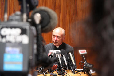 Archdeacon Robin Kingston addressing Sunday afternoon's press conference at Holy Trinity Greymouth.