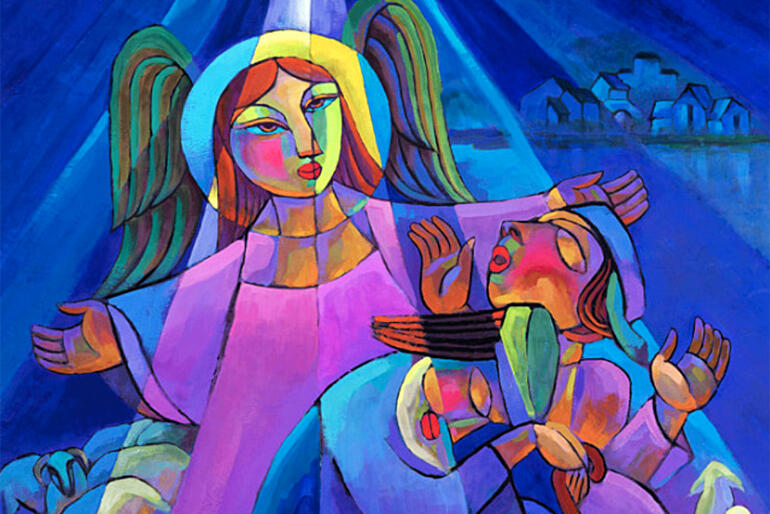 Chinese artist He Qi captures the moment that angels bring news of great joy that the Christ child is born. Image: www.heqiart.com