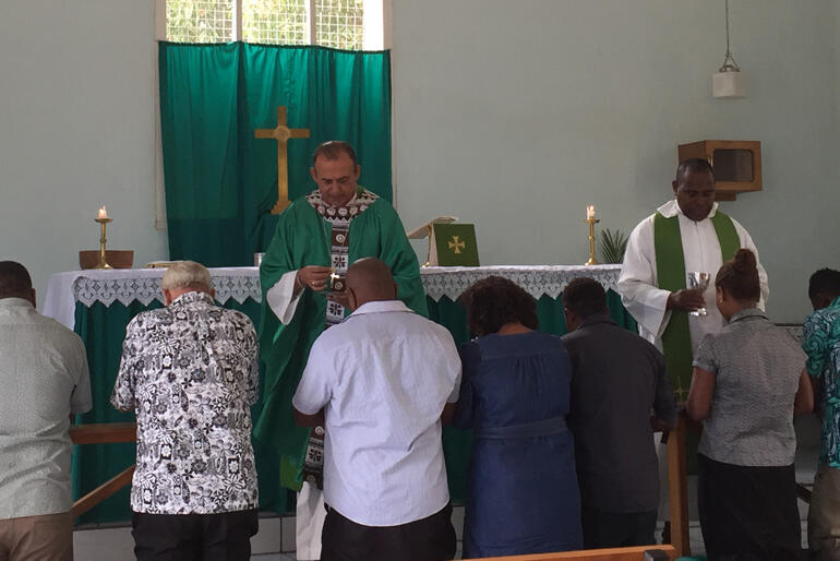 Bishop Gabriel Sharma and Rev Jioji Abonio serve holy communion at St Christopher's in Nadi, Fiji. Bishop Gabriel Sharma and Rev Jioji Abonio serve holy communion at St Christopher's in Nadi, Fiji.