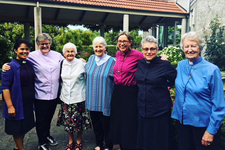 Women priests gathered outside St Peter's Cathedral in Hamilton. Women priests gathered outside St Peter's Cathedral in Hamilton.