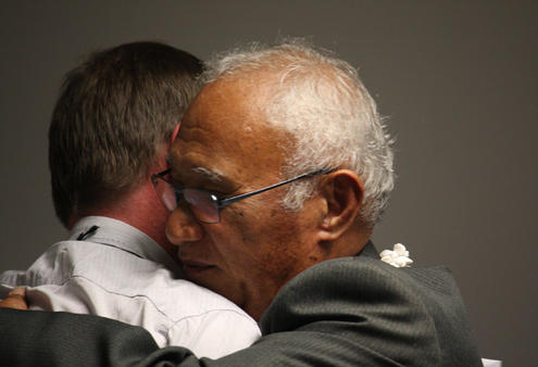 The Rt Rev Ross Bay, the new Bishop of Auckland, greets Bishop Winston on behalf of Tikanga Pakeha.