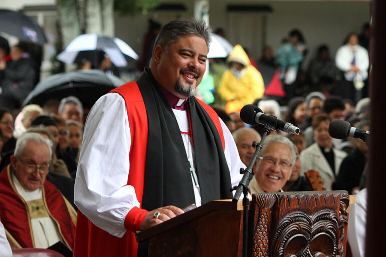 Archbishop Don Tamihere delivering his kauhau at the ecumenical service of thanksgiving for the 160th anniversary of the Kingitanga.