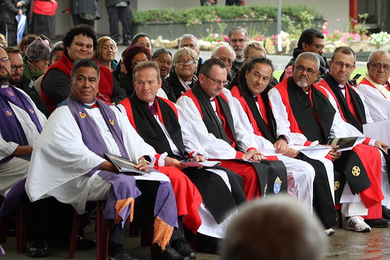 The hikoi bishops (and Ratana priests) during Archbishop Don's kauhau.