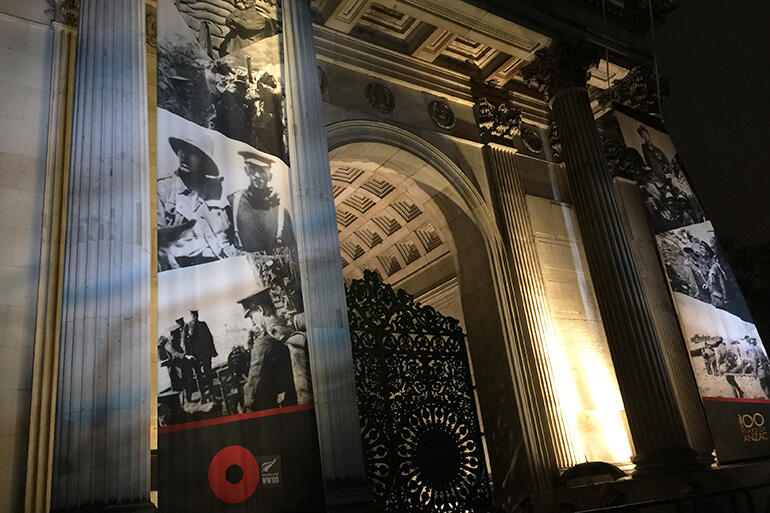 3am in Hyde Park in London on Anzac Day 2015 - and images of ANZAC soldiers are projected against The Wellington Arch. 3am in Hyde Park in London on Anzac Day 2015 - and images of ANZAC soldiers are projected against The Wellington Arch.