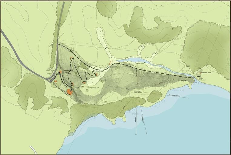 A plan view of the site - with the road at left, and the Marsden Cross at right. Visitors will follow the zig zag walkway and way stations. A plan view of the site - with the road at left, and the Marsden Cross at right. Visitors will follow the zig zag walkway and way stations.