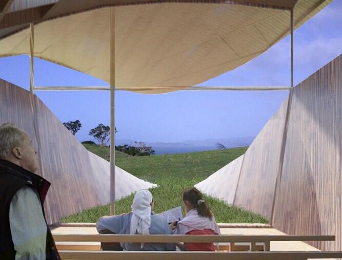 An architect's impression of the view from within The Gathering Place. An architect's impression of the view from within The Gathering Place.