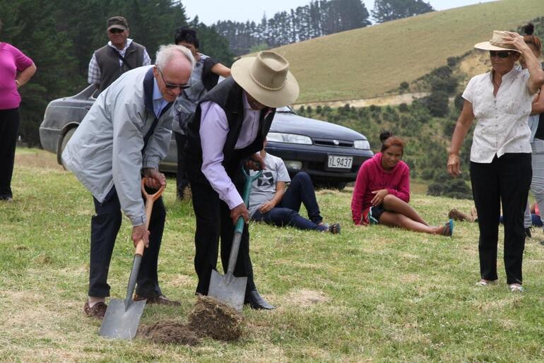 John King and Hugh Rihari turn the first sods. Excavators will move on to the site in about a month. John King and Hugh Rihari turn the first sods. Excavators will move on to the site in about a month.