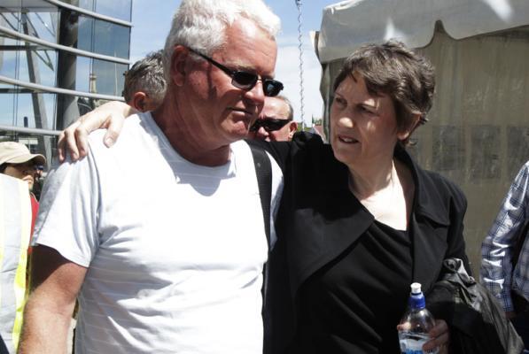 Helen Clark comforts Murray Shaw, deputy chair of New Zealand On Air, in Christchurch. Photo: Chris Hillock,/Waikato Times