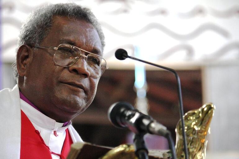 Archbishop Sir Ellison Pogo in Suva's Holy Trinity Cathedral, delivering a tribute at Archbishop Jabez Bryce's February 2010 funeral.