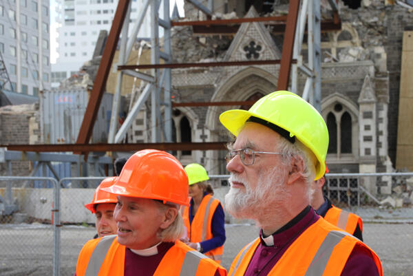 Archbishop Rowan and Bishop Victoria tour the Red Zone of Christchurch.