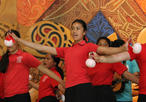Pupils of Bernard Ferguson kura kaupapa Maori school at Ngaruawahi entertain at the lunch following the powhiri.