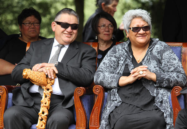 The Maori King and Queen take in the oratory at Turangawaewae.