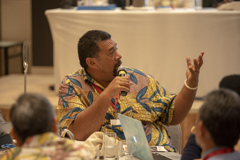 Fe'iloakitau Tevi adds a point during an Anglican Consultative Council debate. Fe'iloakitau Tevi adds a point during an Anglican Consultative Council debate.