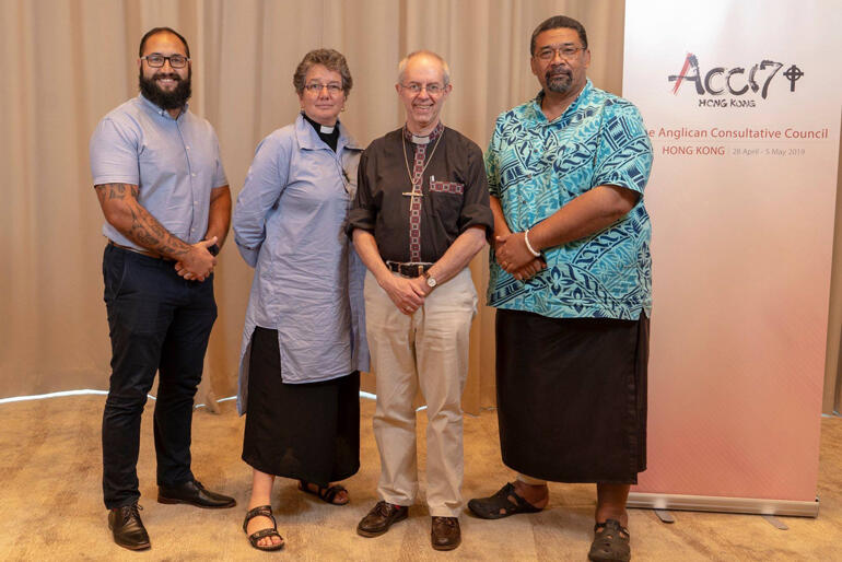 ANZP Anglican Consultative Council delegates with +Cantab (L-R): Isaac Beech, Ven Wendy Scott, Archbishop Justin Welby and Fe'iloakitau Kaho Tevi. ANZP Anglican Consultative Council delegates with +Cantab (L-R): Isaac Beech, Ven Wendy Scott, Archbishop Justin Welby and Fe'iloakitau Kaho Tevi.