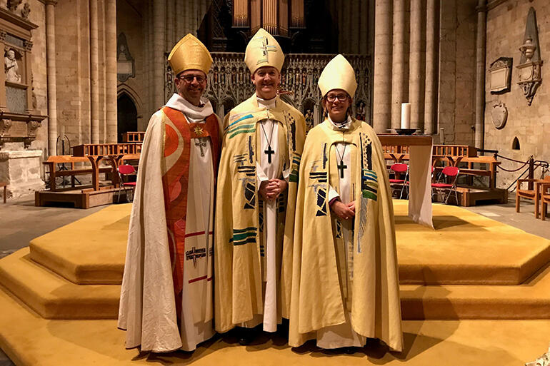 Bishop Andrew Hedge, of Waiapu - alongside Bishop Nick Baines, and the new Bishop of Ripon, Rt Rev Helen-Ann Hartley.