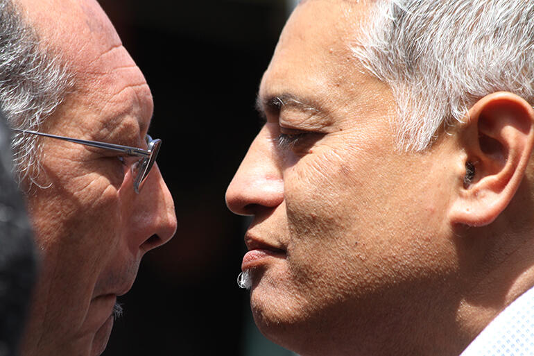 Derek Lardelli (left) in the hongi line at Rongomaianiwaniwa. Derek Lardelli (left) in the hongi line at Rongomaianiwaniwa.