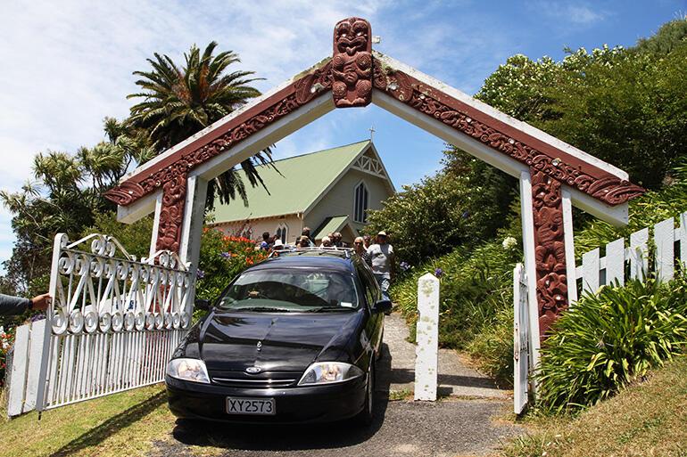 The hearse leaves St Mary's Tikitiki.