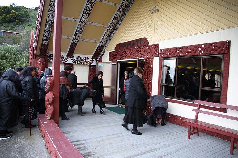 The manuhiri about to enter the wharenui. Whakatu kawa does not allow photos to be taken inside the house