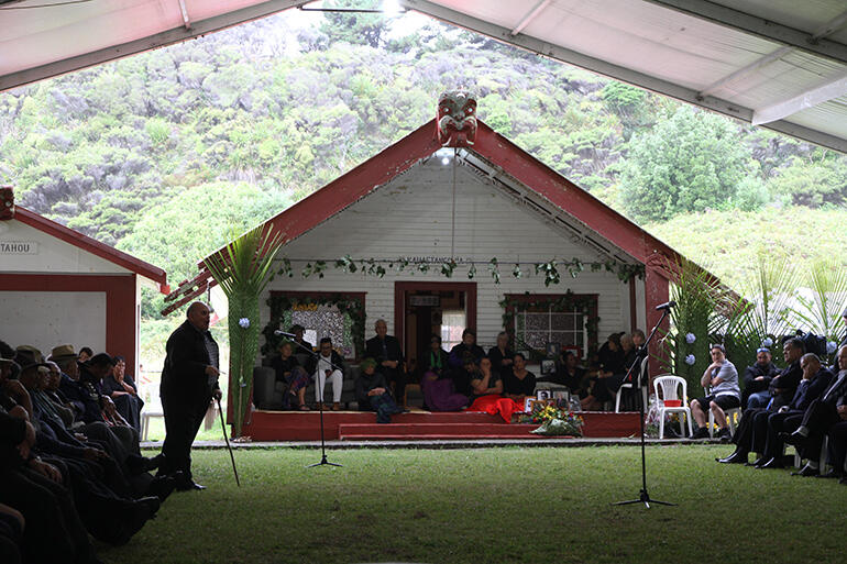 As Selwyn Parata speaks, the king's family are seated at the left of the house.