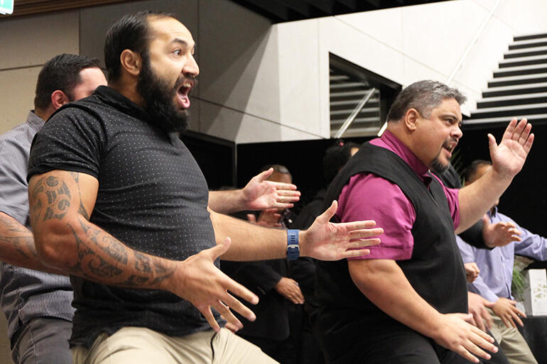 Tairawhiti performing a maximum-energy rendition of the haka Ruaumoko. That's Ihaka Beach in the foreground, next to Bishop Don Tamihere.